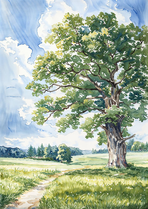 Stand tall with the Lone Summer Oak in this watercolor painting, showcasing the solitary beauty of nature in full summer bloom. Summer Season Painting, Watercolor Scenery Painting, Landscape Painting Watercolor, Watercolor Scenery, Tree Watercolor Painting, Mediums Of Art, Watercolour Landscape, Scenery Paintings, Watercolour Inspiration