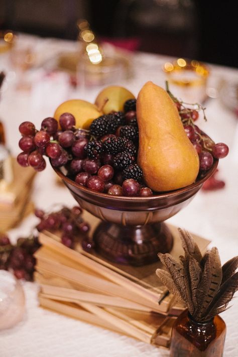 fruit centerpiece - photo by Tyler and Lindsey http://ruffledblog.com/wedding-inspiration-with-a-vintage-english-theme #weddingideas #centerpieces Fruit Wedding Centerpieces Fall, Fruit Bowl Wedding Centerpiece, Wedding Centerpieces With Fruit, Fruit Table Centerpieces, Fruit Centrepiece, Fruit Table Scape, Christmas Fruit Decor, Dried Fruit Centerpiece, Fruit Bowl Centerpiece