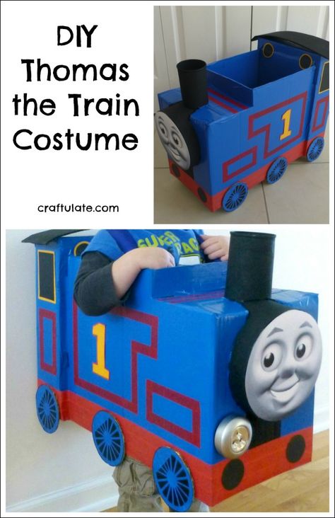 DIY Thomas the Train Costume - perfect for Halloween and parties! Diy Thomas The Train, Cardboard Box Boats, Thomas The Train Costume, Thomas Costume, Train Wheels, Train Costume, Thomas Party, Thomas Birthday Parties, Thomas The Train Birthday Party