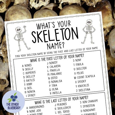 No bones about it... this "What's Your Skeleton Name?" game is the perfect addition to any Bad 2 the Bone party, Halloween party, or just for fun!  Names like Pelvis Bonesley and Skully Skellington  are sure to be a hit!  This download includes a matching 8.5" x 11" sign and nametags, too! WHAT'S INCLUDED This download includes 3 high-quality, (300 DPI) 8.5x11 inch pages:  - Page 1: Game sheet  - Page 2: 8 Nametags (4.25 x 2.75 in) Print on full sheet sticker paper or cardstock  - Page 3: Sign Skeleton Names, Skeleton Theme Party, No Bones About It, Halliween Games, Bone Names Skeleton, Skull And Bones Game, Whats Your Halloween Name Game, Halloween Pictionary, Halloween Children’s Games