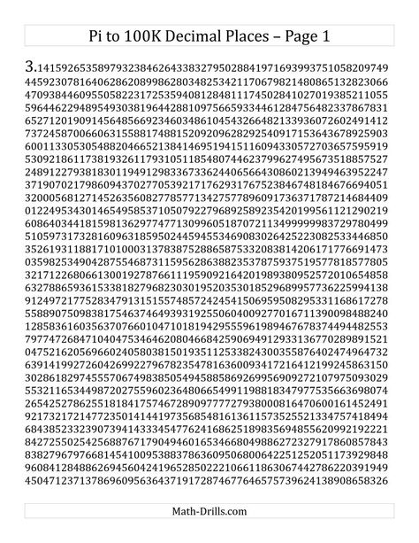 Happy Pi Day! The Pi to 100k Decimal Places Math Worksheet from the Measurement Worksheets Page at Math-Drills.com. 100 Digits Of Pi, Pi Activities, Fibonacci Sequence In Nature, Digits Of Pi, Thanksgiving Math Activities, Science Technology Engineering Math, Measurement Worksheets, Math Drills, Decimal Places