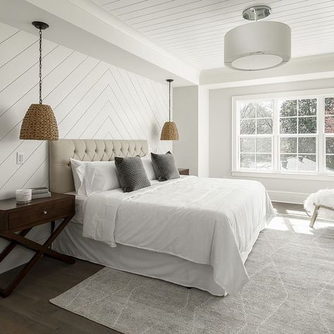 Bedroom with diagnonal shiplap accent wall and v groove ceiling The diagonal shiplap accentuates the recessed bed wall. If the shiplap isn't enough, we also put V-groove on the tray ceiling inset #Bedroom #diagnonalshiplap #shiplapaccentwall #shiplap #accentwall #vgroove Latest False Ceiling Designs, Shiplap Wall, Shiplap Accent Wall, Bedroom Accent, Accent Wall Bedroom, Farmhouse Bedding, Wood Accent, False Ceiling Design, Bed Wall