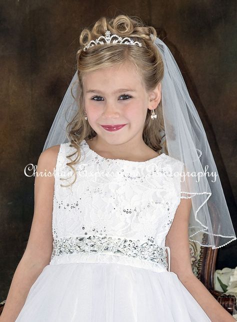 Communion Hairstyles With Veil, Veil And Tiara, Flower Girl Updo, Communion Tiara, Communion Hair, First Communion Hairstyles, Hairstyles With Veil, Girls Updo, Communion Hairstyles