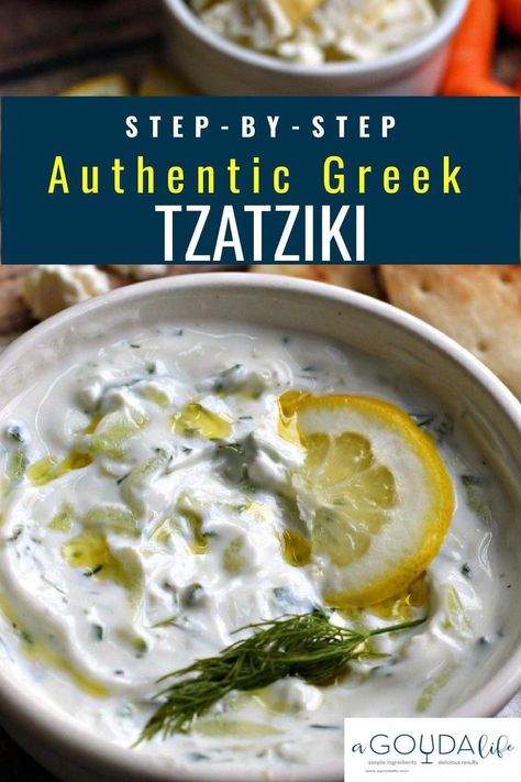 Authentic Greek Tzatziki sauce (dip) - easy recipe - with plain Greek yogurt, fresh cucumber sauce, lemon, garlic and dill. Healthy dip OR sauce with chicken, meat or seafood! #tzatziki #tzatzikisauce #greekrecupe #greekyogurt #appetizer #healthyrecipe #healthyappetizer #gyro #agoudalife #AsianDippingSauces Greek Tzatziki Sauce, Greek Tzatziki, Asian Dipping Sauce, Healthy Dip, Cucumber Sauce, Dip Easy, Fresh Cucumber, Healthy Dips, Dipping Sauces