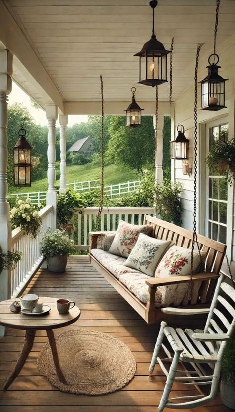 Wrap Around Porch Decor, Back Porch Decorating Ideas, Dorm Room Cozy, Back Porch Decorating, Rustic Front Porch, Indoor Porch, Mismatched Furniture, Big Porch, Front Porch Swing