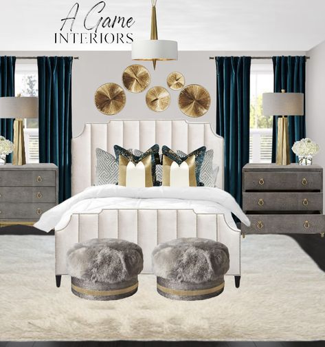 #luxury #luxurylifestyle #bedroom #bed #live #aesthetic #makeover #bedroomideas #interiordesign #interior #interiordesigner #style #goals #dreamhome #dream #home #house #teal #white #gold #designer #designhome #makeover #edesign #art #room #space #inspiration #inspirational #love #create #inspired #fur #black #blackgirl #blue #closeup #recipe Layering Wall Decor, Modern Bed Wall, Teal And Gold Bedroom, Ivory Bedroom, Grey And Gold Bedroom, Live Aesthetic, Bedroom Designs Ideas, Blue And Gold Bedroom, Gold Bedroom Ideas