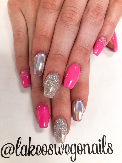 Pink Chrome Nails Valentine’s Day, Hot Pink And Silver Nail Designs, Silver And Hot Pink Nails, Neon Nails With Chrome, Disco Party Nails, Pink Disco Nails, Neon Pink Chrome Nails, Hot Pink And Silver Nails, Happy Birthday Nails Designs