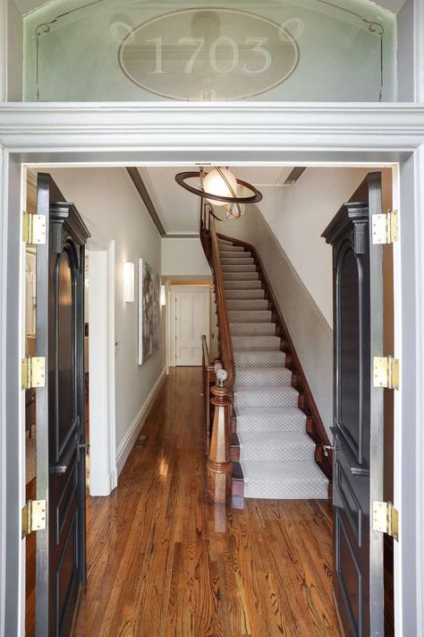 Victorian House Exposed Beams, Victorian Town House Interiors, Victorian Homes Entryway, Victorian Home Update, Modern 1900s Home, 1880s Home Interior, Colonial Victorian House Interior Design, Victorian Renovation Interior Design, Modern Historic Home Interior Design