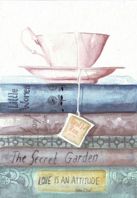 Teacup book stack Tee Kunst, A Stack Of Books, The Secret Garden, Tea Art, Watercolor Inspiration, Charcoal Drawing, Stack Of Books, Drawing Tutorials, Drawing Tips