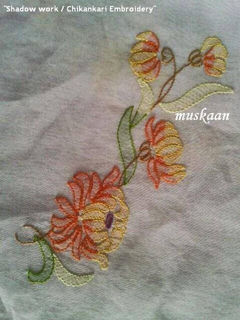 muskaan's T*I*P*S: Embroidery 2 : Shadow Work Shadow Work Embroidery, Shadow Embroidery, Chikan Embroidery, Colchas Quilting, S Embroidery, Anchor Embroidery, Floral Embroidery Patterns, Embroidery Stitches Tutorial, Embroidery Neck Designs