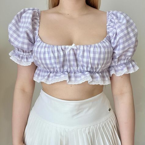 Belle crop top in lilac cotton gingham, has the cutest eyelet trim🫶🏻 open back, swipe to see This top is ready to ship and fits size Medium & Large. Model is a size Medium #frilie Fairy Core Outfits, Core Outfits, Fairy Core, The Cutest, Open Back, Gingham, Lilac, Fashion Inspo, Crop Top