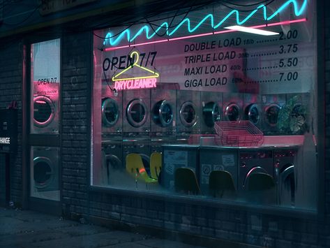 Coin Laundry Aesthetic, Cyberpunk Laundromat, Laundromat Exterior, Aesthetic Laundromat, Laundry Mat Aesthetic, Laundromat Aesthetic, Coin Laundromat, Laundromat Business, Laundry Business