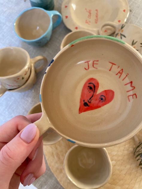 Valentines Pottery, Oil Based Sharpie, Heart Cup, Clay Cup, Sgraffito, Pottery Painting, Ceramic Painting, Ceramic Cups, Heart Design