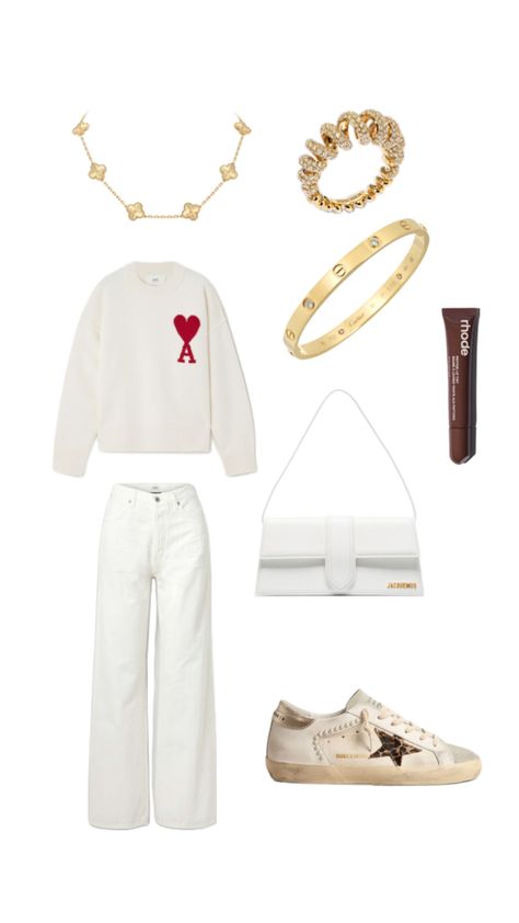 #amiparis #goldengoose #sneakers #cartier #ring #vancleef #necklace #rhode #lipgloss #jaquemus #bag #bracelet Vancleef Necklace, Van Cleef, Cartier Ring, Casual Outfit, Cartier, Casual Outfits, Bracelet, Ring, Sneakers