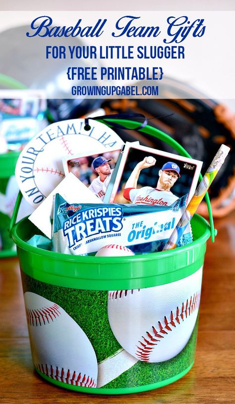 Need an idea for a sports team gift for your child's baseball team? Fill up a bucket with baseball gifts and Kellogg’s® Rice Krispies Treats®. Add our free baseball printable for a fun end of the season gift that's sure to be a hit! Tball End Of Season Gift, Baseball End Of Season Gift Kids, End Of Year Baseball Gifts For Players, Baseball Awards End Of Season, Baseball Team Gifts End Of Season, Softball Buckets, End Of Baseball Season Gifts, End Of Season Baseball Gifts For Players, Sports Easter Basket