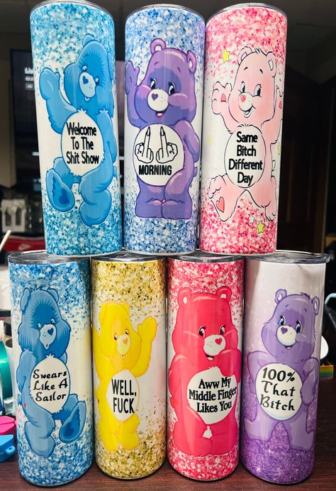 * Swear Bear Care Bear Tumbler * 20 oz skinny tumbler  * double wall stainless steel. Keeps drinks hot or cold for hours  * sublimation design  * no epoxy, stickers or vinyl used. Design is made to last *includes lid and straw  * glitter is sublimation so it is a faux look Care Bear Tumbler, Epoxy Stickers, Pink Monster, Bear Cup, Glitter Cups, Cute Cups, Care Bear, Care Bears, Cup Design