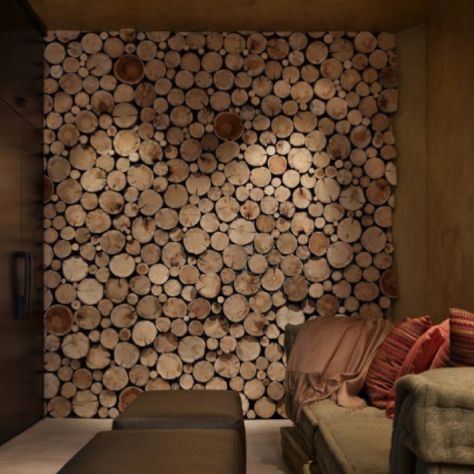 Holz ist der schönste und natürlichste Werkstoff. Wir lieben Holz! Sehen Sie… Skjulte Rum, Rustic Family Room, Media Room Design, Log Wall, Fa Fal, Wood Logs, Home Cinema, Design Del Prodotto, Into The Woods