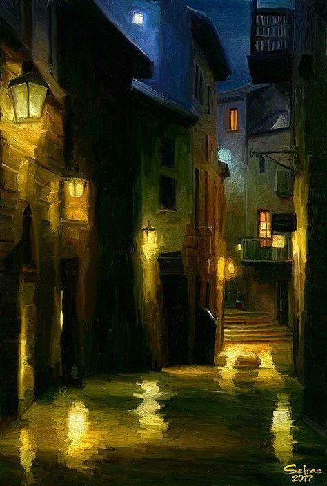 City Painting, Street Lights, Cityscape Art, Cityscape Painting, Foto Art, Night Painting, City Art, Painting Techniques, Beautiful Landscapes