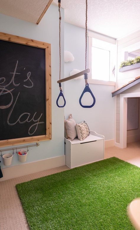 Active Playroom, Kids Playroom Basement, Climbing Wall Kids, Indoor Climbing Wall, Indoor Playroom, Indoor Playhouse, Basement Playroom, Kids Playroom Decor, Basement Bedroom