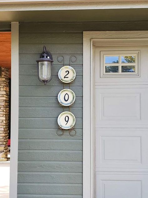 Recycle, Reuse and Repurpose! | I found this plate rack & made it into our house number | Facebook Old Plates, Plate Rack, Door Number, Cottage Inspiration, Plates Diy, Painted Front Doors, Metal Rack, Door Numbers, Plate Racks