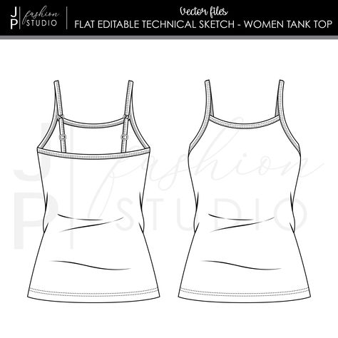 Tank Top Technical Drawing, Tank Top Sketch, Tops Sketches, Tank Top Template, Tank Top Drawing, Top Sketches, Drawing Tank Top, Top Template, Baggy Tops