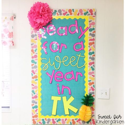 main bulletin board Tropical Theme Bulletin Board, Pineapple Bulletin Board Ideas, Life Is Sweet In Kindergarten, Donut Classroom, Flamingo Classroom, Candy Theme Classroom, Pineapple Classroom, Donut Banner, Tropical Classroom