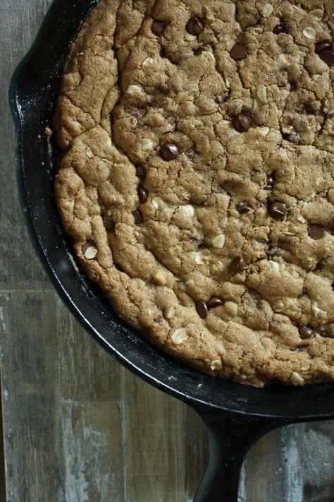 Oatmeal Chocolate Chip Skillet Cookie, Oatmeal Skillet Cookie, Skillet Cookie Cast Iron, Cozy Desserts, Brown Butter Oatmeal Chocolate Chip, Cookie Skillet Recipe, Peanut Butter Skillet Cookie, Chocolate Chip Cookie Skillet, Cast Iron Skillet Recipes Dinner