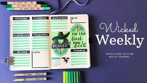 Wicked Bullet Journal, Monthly Bujo, Journal Hand Lettering, Bullet Journal Hand Lettering, Broadway Theme, Journal 2025, Page Design Ideas, Bujo Themes, Musicals Funny