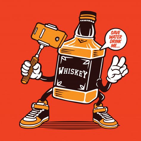 Bottle Character Design, Bottle Character, Hand Camera, Beer Bottle Art, Rum Bottle, Beer Art, Alcohol Bottles, Retro Cartoons, Camera Phone