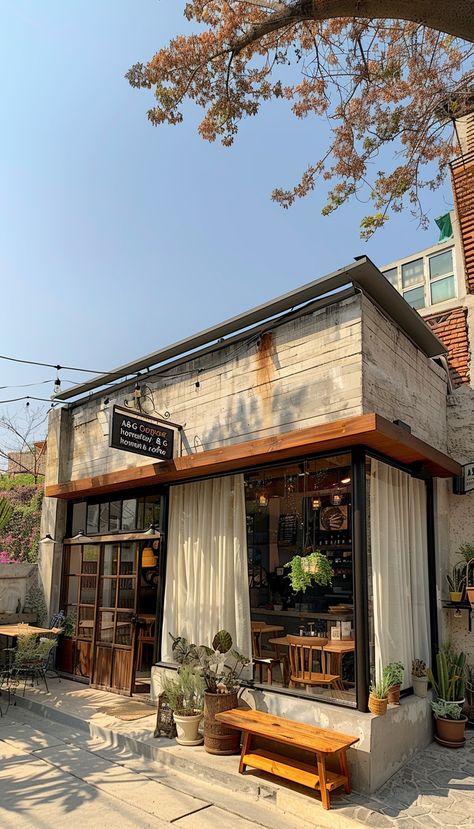 Brick Cafe Exterior, Small Business Building Architecture, Tiny Store Design, Mini Coffee Shop Design, Cafe Aesthetic Exterior Design, Cozy Cafe Exterior, Coffee Shop Aesthetic Exterior, Small Factory Design, Japanese Shop Front Design