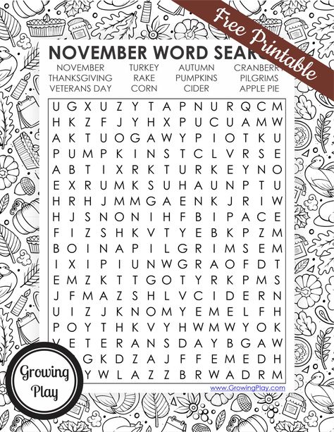 November Word Search Free Printable - Growing Play November Word Search, Special Days In November, Word Search Free Printable, Perceptual Activities, Fall Word Search, Thanksgiving Drawings, Visual Perceptual Activities, Thanksgiving Word Search, Word Search Puzzles Printables