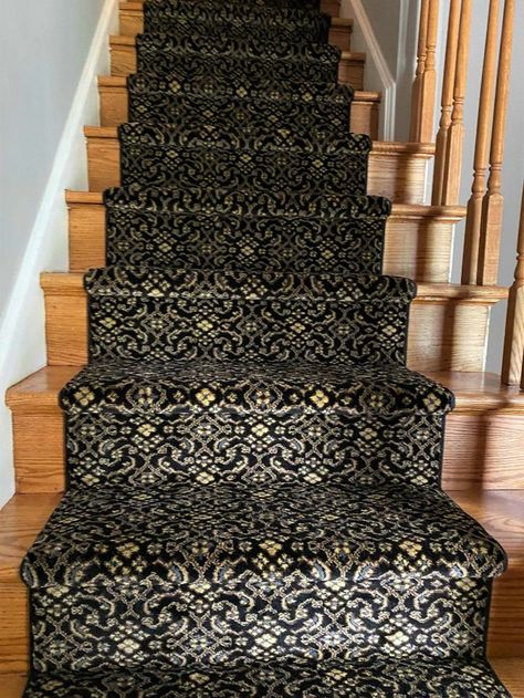 This regal runner is Stanton Carpet Lake Manyas in the color Midnight. With the wood exposed on the sides of the staircase this small pattern makes a big and beautiful statement. Stanton Carpet, Staircase Runner, West Chester Pa, The Staircase, Flooring Store, West Chester, Stair Runners, Stair Runner, Chester