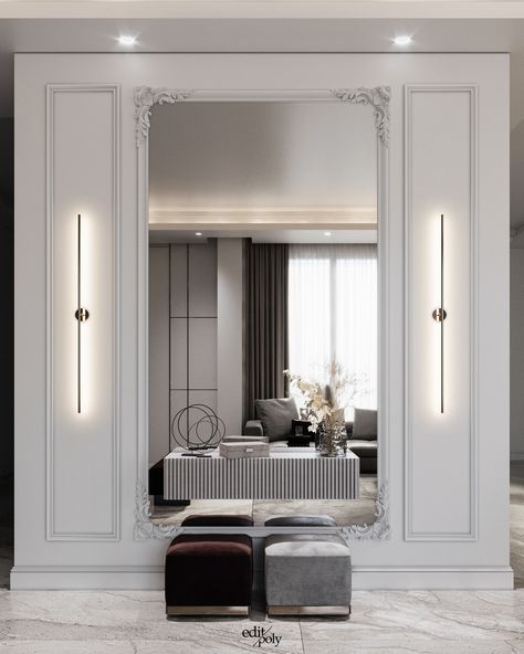 Classic Mirror Design, Sitting Room Decor, Neoclassical Interior, Foyer Design, Classic Interior Design, Mirror On The Wall, Home Entrance Decor, Home Design Living Room, Elegant Living Room