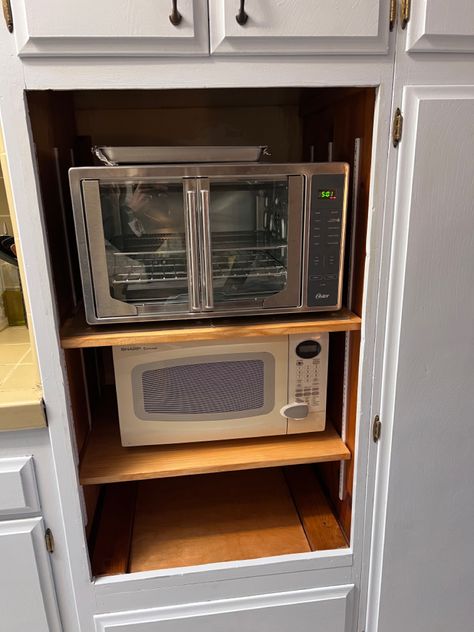 Toaster Oven Cabinet Ideas, Wall Oven With Microwave Shelf Above, Microwave Toaster Oven Cabinet, Shelf Over Oven, Toaster Oven In Pantry, Wall Oven Cabinet Diy, Air Fryer Storage Ideas, Converting Wall Oven Space, Microwave And Toaster Oven Shelf