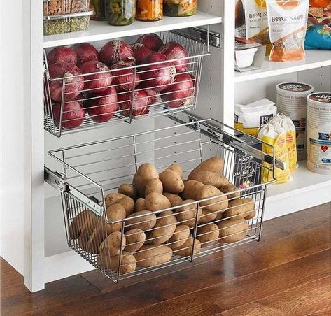 kitchen cabinet organizers storage baskets for vegetables Organization Systems, Kitchen Modular, Kitchen Cupboard Designs, Kabinet Dapur, Kitchen Pantry Design, Diy Bathroom Furniture, Hemma Diy, Diy Kitchen Storage, Kitchen Interior Design Decor