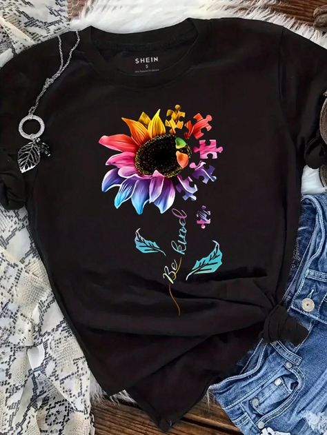 Shirt Decals, Birthday Jewelry, Shirts Women Fashion, Painted Clothes, Mary Ann, Estilo Hip Hop, Tee Shirt Designs, Sunflower Print, Fabric Floral