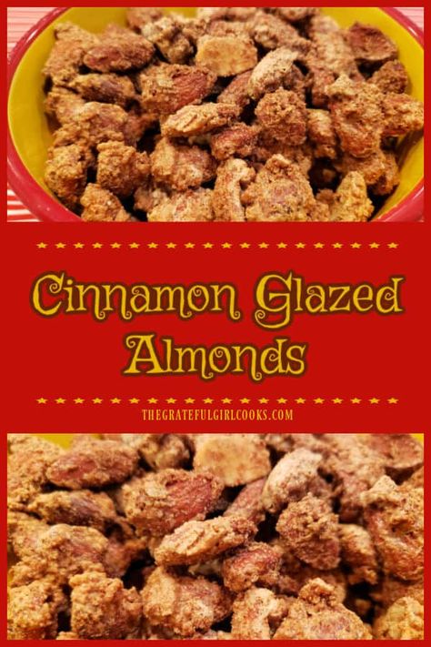 Make a batch of cinnamon glazed almonds for a fantastic, crunchy snack. Almonds are coated and baked in a buttery cinnamon sugar glaze! via @gratefuljb Cinnamon Sugar Almonds Oven, Cinnamon Glazed Almonds, Roasted Cinnamon Almonds, What To Do With Whole Almonds, Raw Almonds Recipes, Candied Pecans Easy, Cinnamon Sugar Almonds, Glazed Pecans, Snack Hacks