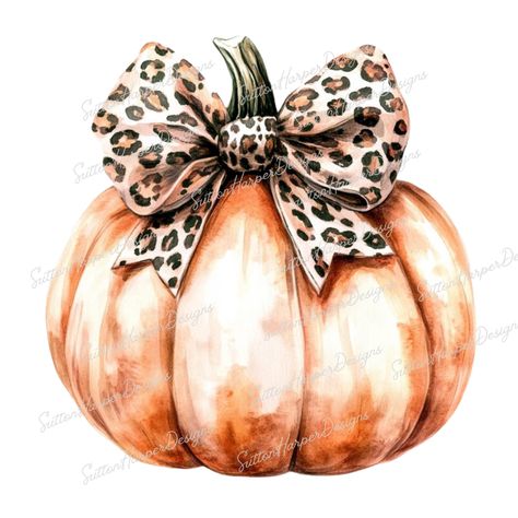 Rustic Halloween Decor, Wild Print, Pumpkin Illustration, Leopard Print Bow, Rustic Halloween, Pumpkin Png, Halloween Clipart, Autumn Decor, Cute Pumpkin