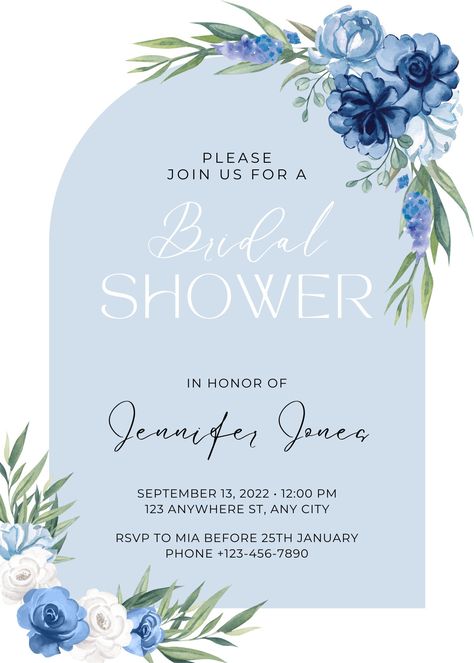 "Beautiful something blue Bridal Shower invitation. Template can be customized AND edited using a personal CANVA link.  While printing ensure to use a high quality printer or have the invitation professionally printed. This is a great way to let all your friends and family know about your upcoming event. Print out or send as a Text Message  WHAT'S INCLUDED  - 5\"x7\" Bridal Shower Invitation Template  Get immediate access to your invitation template to begin making changes and create a great inv Bridal Shower Theme Something Blue, Mamma Mia Bridal Shower Invitations, Something Blue Before I Do Invitation, Bridal Shower Invitations Blue, Blue Floral Invitation Template, Bridal Party Invitations, Blue Bridal Shower Invitations, Something Blue Bridal, Blue Bridal Shower