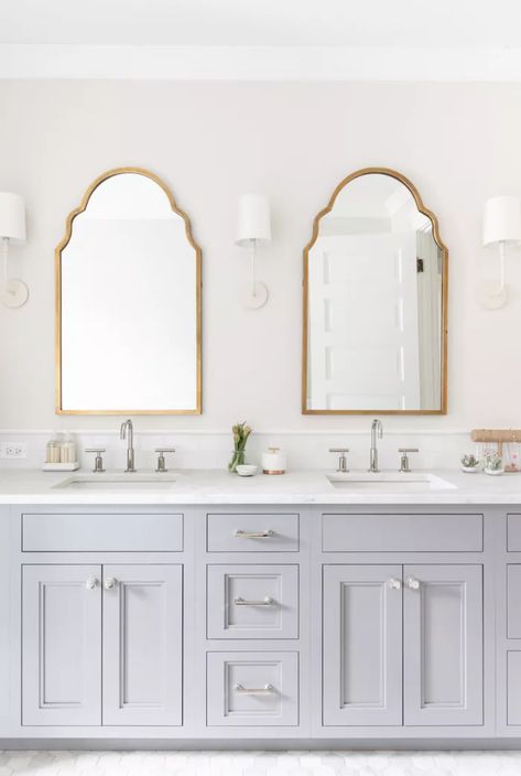 17 Classic Gray and White Bathrooms Gold Arch Mirror, Kate Marker Interiors, Gray And White Bathroom, White Marble Floor, Double Bath, Transitional Bathroom, Chrome Faucet, White Marble Countertops, Chrome Bathroom