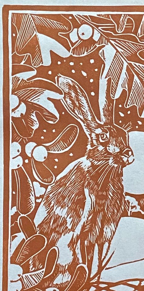 Winter hare, original Linoprint from the heart of Norfolk. One of my favourite regular garden visitors Hand printed onto Awagami Okawara select paper in speedball ancient clay ( sepia) ink . Due to the handmade nature of the print, each one will differ slightly from the next. This print comes unmounted or mounted  . Winter Lino Print, Winter Animal Illustration, Winter Linocut, Rabbit Linocut, Hare Linocut, Christmas Lino Print Ideas, Hare Drawing, Lino Ideas, Print Making Designs