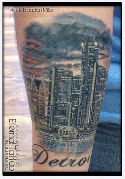 Detroit Skyline Tattoo.  Full Color Detroit Tattoo Ideas, Detroit Tattoo, Michigan Tattoos, Skyline Tattoo, Back Tats, Detroit Skyline, Sleeve Men, Half Sleeve Tattoo, Tattoo Sleeve Men