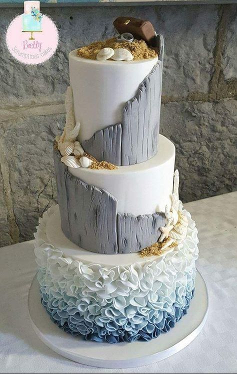 Beautiful ocean or beach themed cake. I like the slanted driftwood look. Wood fondant. Wedding Beach Theme, Beach Theme Cake, Cakes Unique, Cake Styles, Professional Cakes, Cake Pretty, Beach Theme Wedding Cakes, Sweets Ideas, Beach Themed Cakes