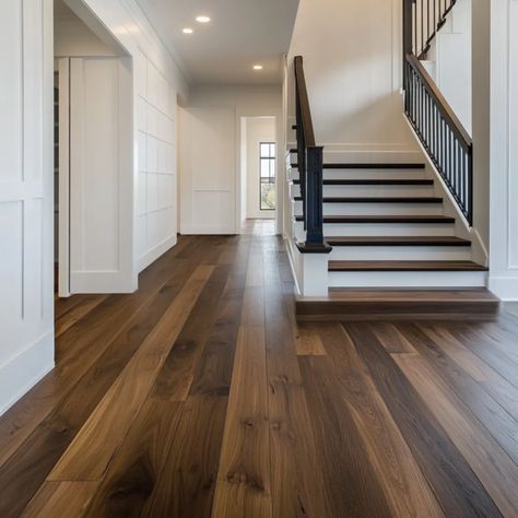 Dark Walnut Plank Flooring Living Room Brown Floor Dark Hardwood, Dark Wood And Tile Flooring Combination, Walnut Vinyl Plank Flooring, 2 Different Wood Floors Transition, Dark Wood House Interiors, Hardwood Floors Bedroom, Dark Wood House, Dark Vinyl Plank Flooring, Farmhouse Flooring Ideas