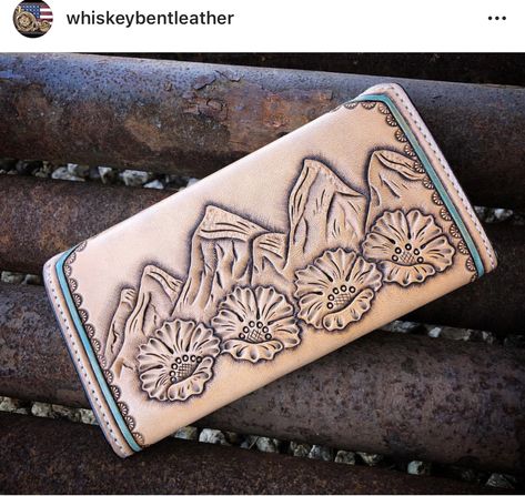 Hand tooled leather mountains Tooled Leather Mountains, Jack Lee, Handmade Leather Work, Tooling Patterns, Leather Ideas, Leather Workshop, Leather Crafts, Hand Tooled Leather, Tooled Leather