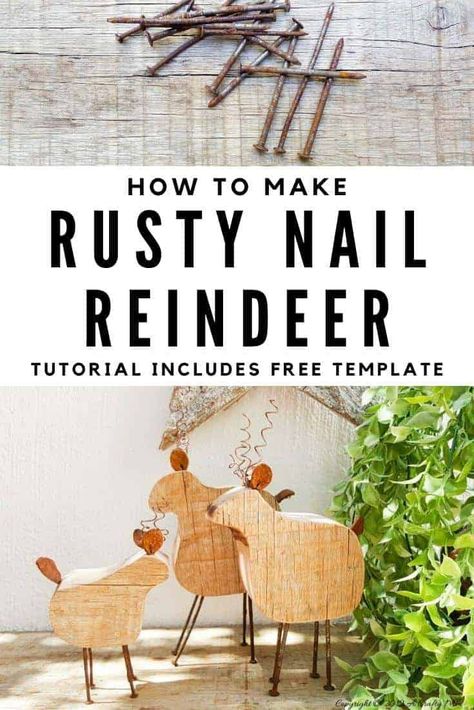 Easy DIY Rustic, repurposed Reindeer Family Ornaments - a lovely way to use up those old rusty nails and add something special to your festive decor Great gift idea too! #woodenreindeer #DIYReindeer #DIYRustyReindeer #RustyNailrepurpose #acraftymix # Reindeerdecor #reindeertemplate #foundobjectart #DIYOrnaments Diy Wooden Reindeer, Reindeer Crafts, Diy Reindeer, Rusty Nails, Wooden Reindeer, Woodworking Shop Layout, Rusty Nail, Dragon Flies, Family Ornaments