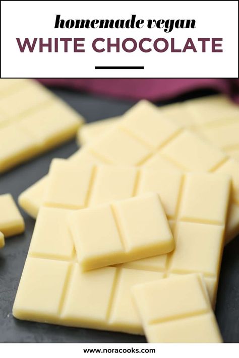 Learn how to make vegan white chocolate at home in minutes with just 5 ingredients! You'll love this dairy free white chocolate! Dairy Free White Chocolate, Nora Cooks, Chocolate At Home, White Chocolate Recipes, Vegan White Chocolate, Low Histamine, Vegan Candies, White Chocolate Chip Cookies, Dried Raspberries