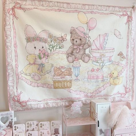 Cute Bear Background, Kawaii Tapestry, Kawaii Home Decor, Bear Background, Teen Posters, Coquette Party, Kawaii Home, Background Anime, Art Mignon