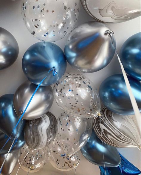 Metallic Blue Balloons, Blue Ballons Decoration Birthday, Blue Birthday Aesthetic, Birthday Balloons Aesthetic, Blue And Silver Party, Prom Balloons, 15th Birthday Decorations, Silver Letter Balloons, Blue Sweet 16