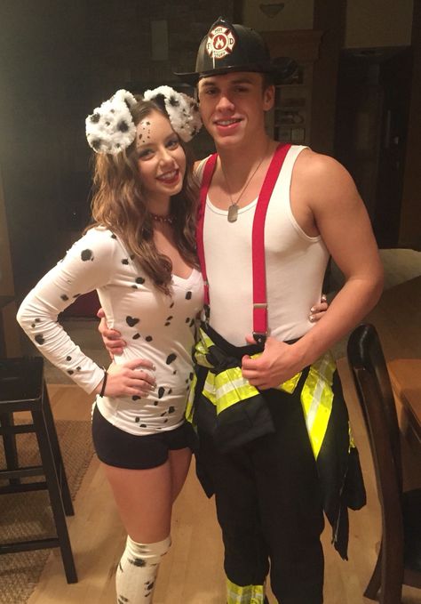 Fireman And Dog Halloween Costume, Outfits For Men Halloween, Dalmatian And Fire Fighter Couples Costume, Couple Costumes Fire Fighter, Fireman Dalmation Costume Couple, Firefighter And Dog Costume Couple, Dalmatian Firefighter Costume, Dalmation And Firefighter Costume Couple, Fireman And Dalmatian Costume